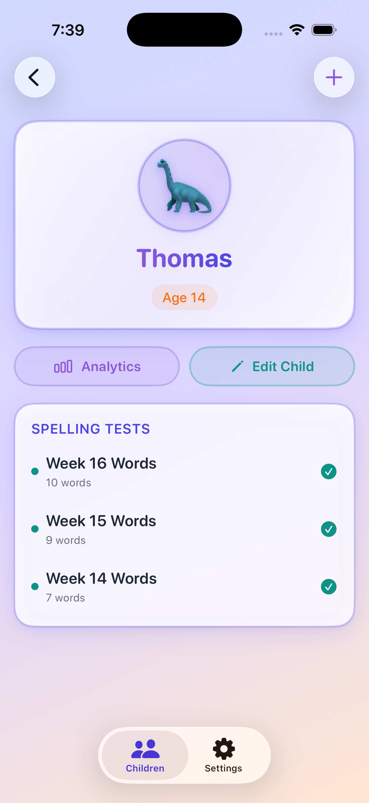 WonderSpell app showing a spelling test dashboard with weekly word lists and progress indicators