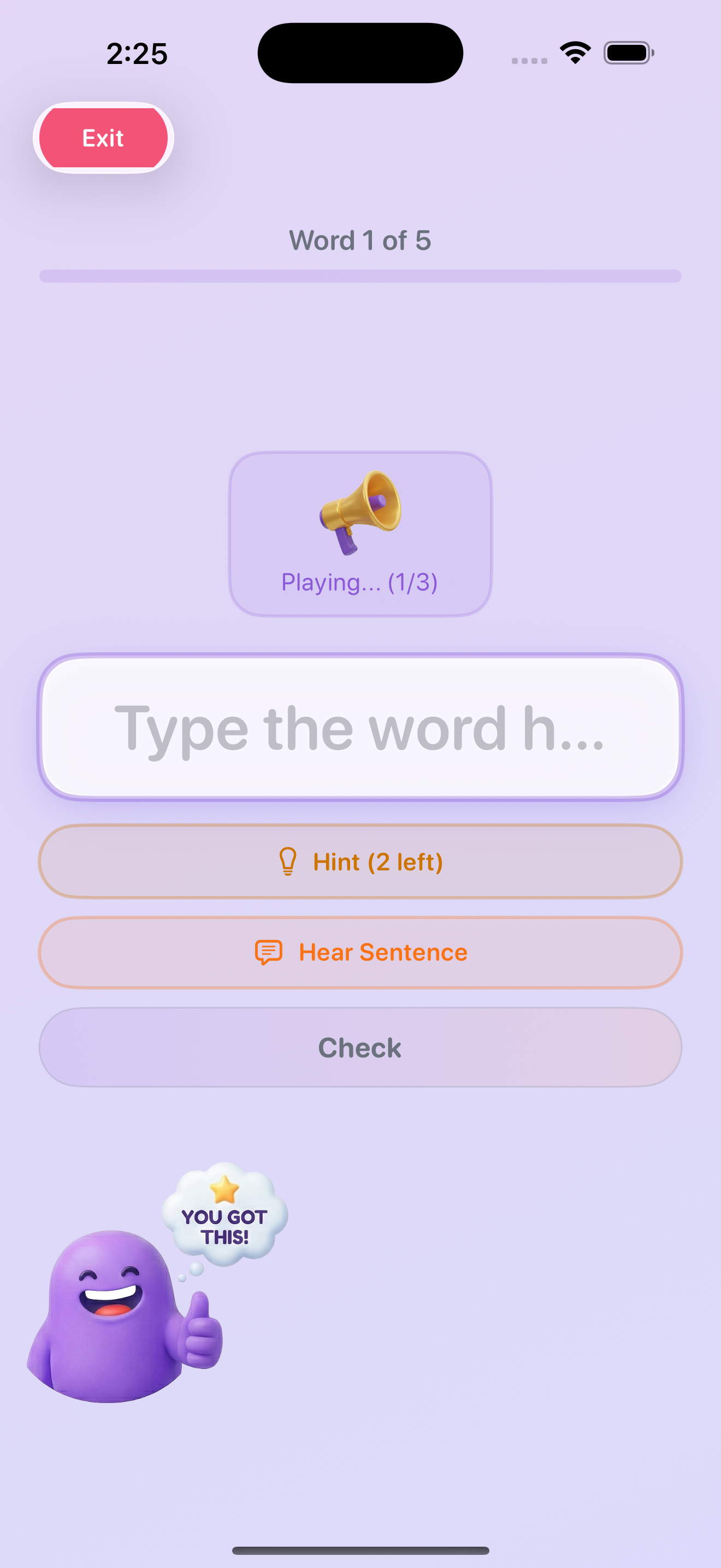 WonderSpell practice mode with mascot encouragement, audio playback, writing pad, and hint buttons