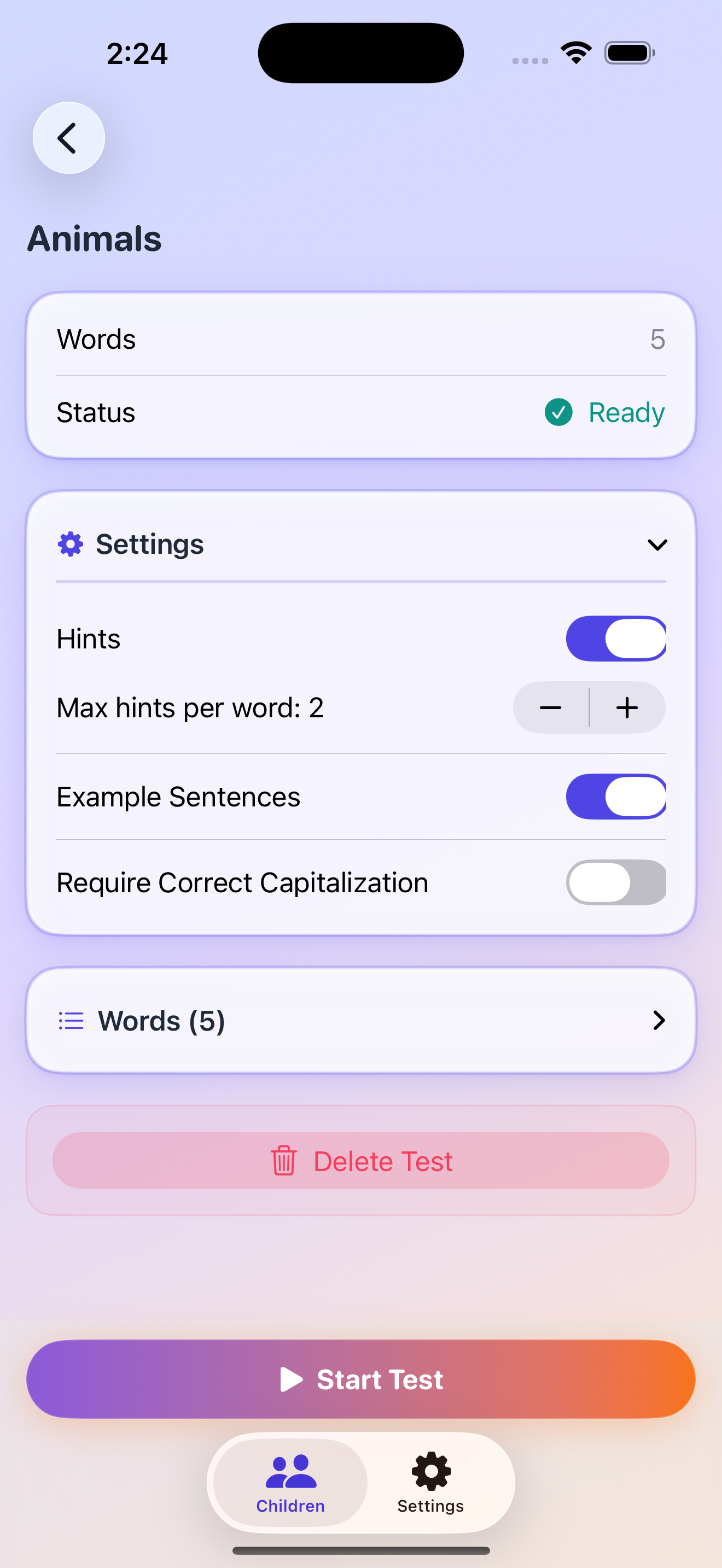 WonderSpell test settings screen showing word count, hints toggle, example sentences, and Start Test button